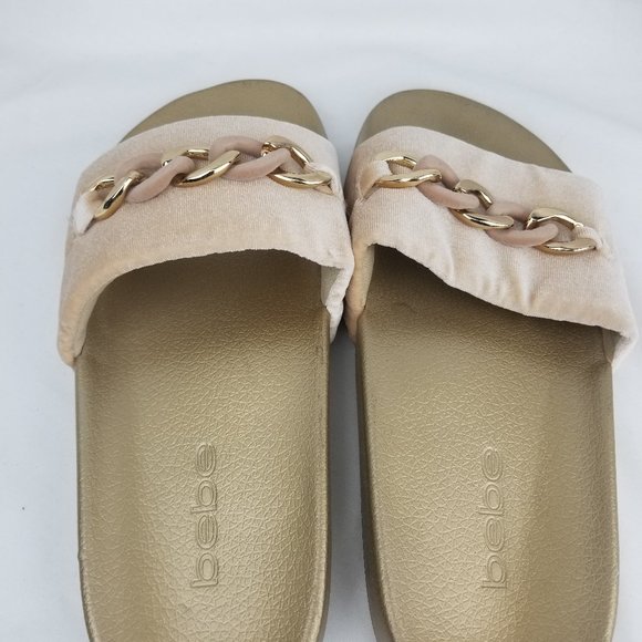 BEBE WOMEN SANDALS 9M GOLD BEIGE SLIDES - Picture 3 of 11